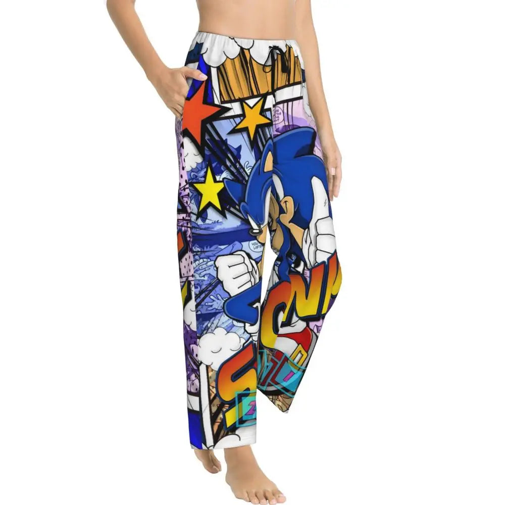 Custom Printed Womens Soniced Pajama Pants Hedgehog Game Sleepwear Sleep Lounge Bottoms with Pockets