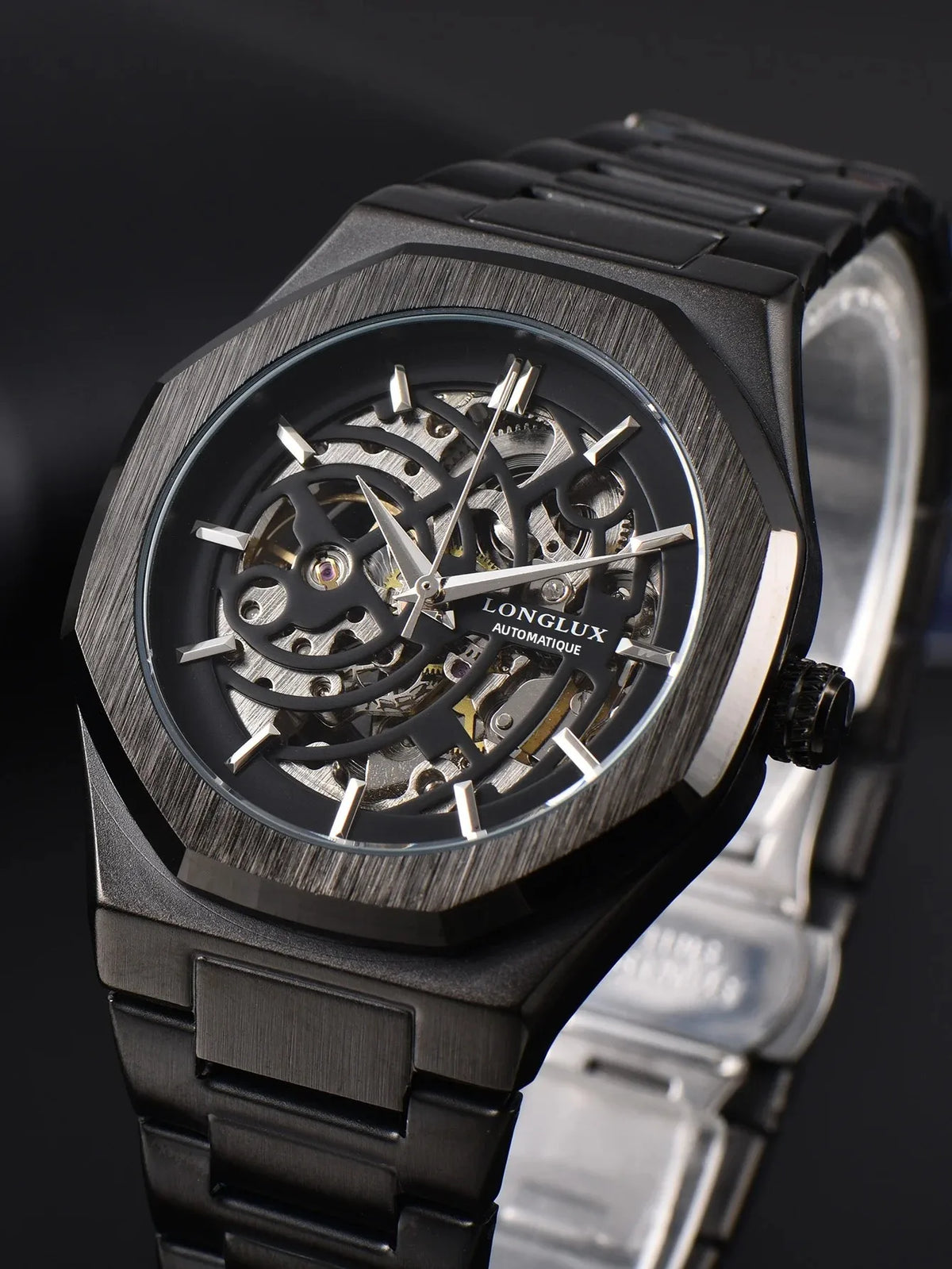 LONGLUX automatic watch business mechanical watches simple skeleton waterproof stainless steel cost effective mens watch gift