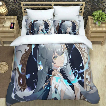 Conjunto de cama Anime Genshin Impact para rapaz e rapariga, tamanhos Twin e Queen, capa de edredão e fronha, roupa de cama moderna para crianças e adultos, têxtil-lar
