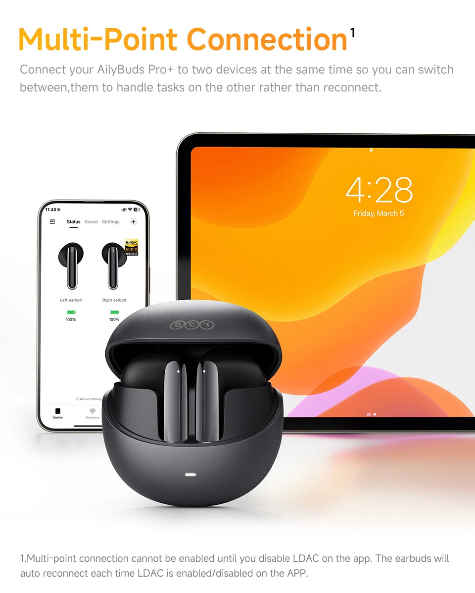 QCY HT10 AilyBuds Pro+ ANC Wireless Earbuds – Hi-Res LDAC Bluetooth 5.3 Earbuds, 6 Mic AI HD Call, Adaptive Noise Cancelling TWS Earphones with Multipoint Connection