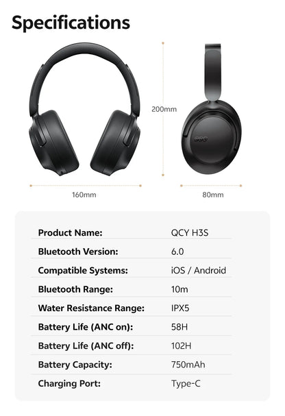 QCY H3S -56dB ANC adaptativa Auriculares Bluetooth 6.0 circumaurales – Auriculares inalámbricos Hi-Res LDAC, batería de 102H, sonido espacial con doble transductor