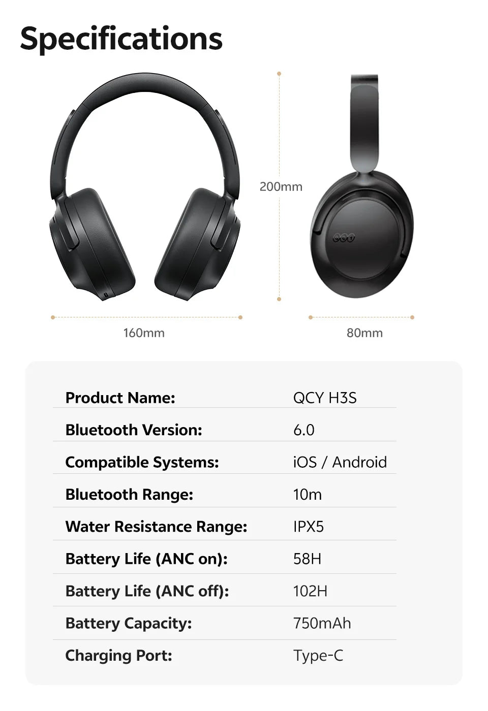 Auriculares circumaurales QCY H3S ANC Bluetooth 6.0 – Audio espacial Hi-Res LDAC, cancelación de ruido adaptativa de -56dB, auriculares inalámbricos