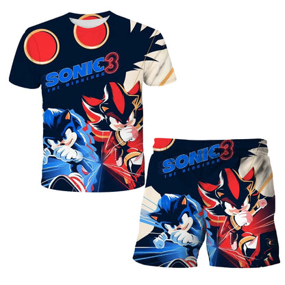 New Boys T-shirt Sonic The Hedgehog 3D T-shirt Set for Boys Girls Cute Summer Top + Shorts Children's Short-Sleeve Birthday Gift