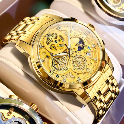 OLEVS men’s watch – Luxury model, water-resistant, quartz, skeletonised style, 24-hour display (day/night), gold colour