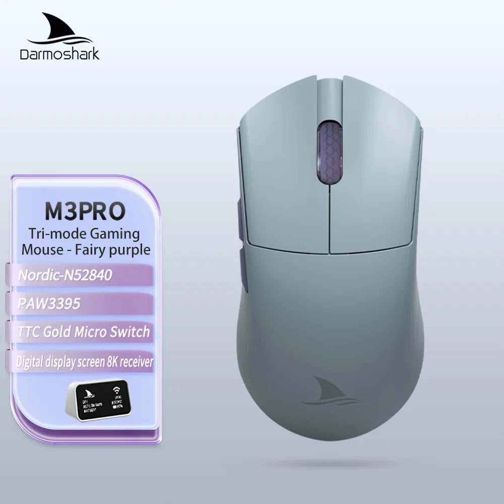 Rato Gaming Darmoshark M3Pro 2.4G BT sem fios Tri-Mode, sensor PAW3395, N52840, 26000DPI, rato com driver macro para mãos grandes e gaming