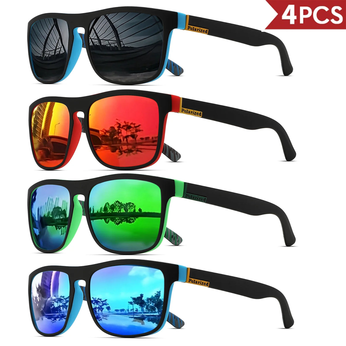 4PCSClassic Square Polarized Sports Sunglasses Lightweight PC Frame UV400 for Driving Fishing Cycling Unisex Everyday Durability