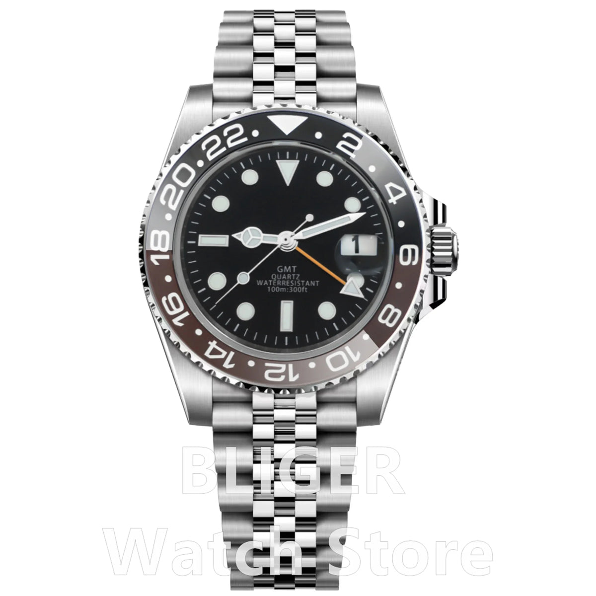 BLIGER 40mm 515 24H GMT Men's Watch Stainless Steel Clasp Luminous Quartz Movement Ceramic Bezel Sapphire Glass 10Bar Waterproof