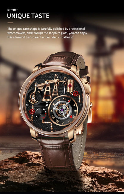 Reloj de cuarzo PINDU NEW TOP con bomba de aceite de botón para hombre de negocios, 45.5MM, cristal de zafiro, resistente al agua, correa de cuero para hombre