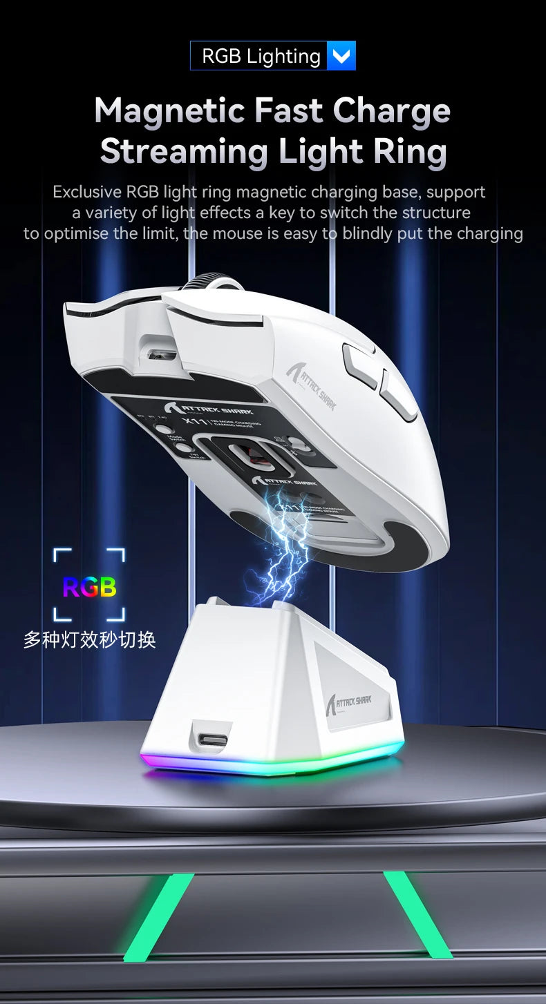 Attack Shark X11&R1 -kolmitilainen Bluetooth-langaton hiiri latausalustalla, RGB-valaistus, ergonominen ja kevyt PC-pelitarvike
