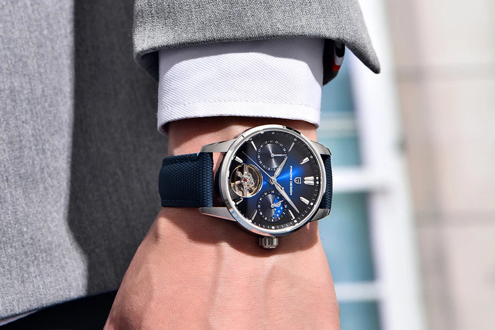 PAGANI DESIGN – Orologio meccanico di lusso da uomo, 41 mm, vetro zaffiro, cinturino in pelle, impermeabile, stile pilota, con tourbillon e fasi lunari