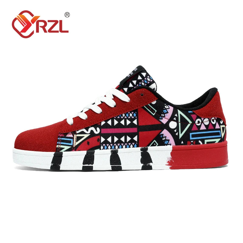YRZL Men's Sports Running Shoes Canvas Geometric Style Lace-Up Sneakers Couples' Fashionable Graffiti Print Skate Shoes