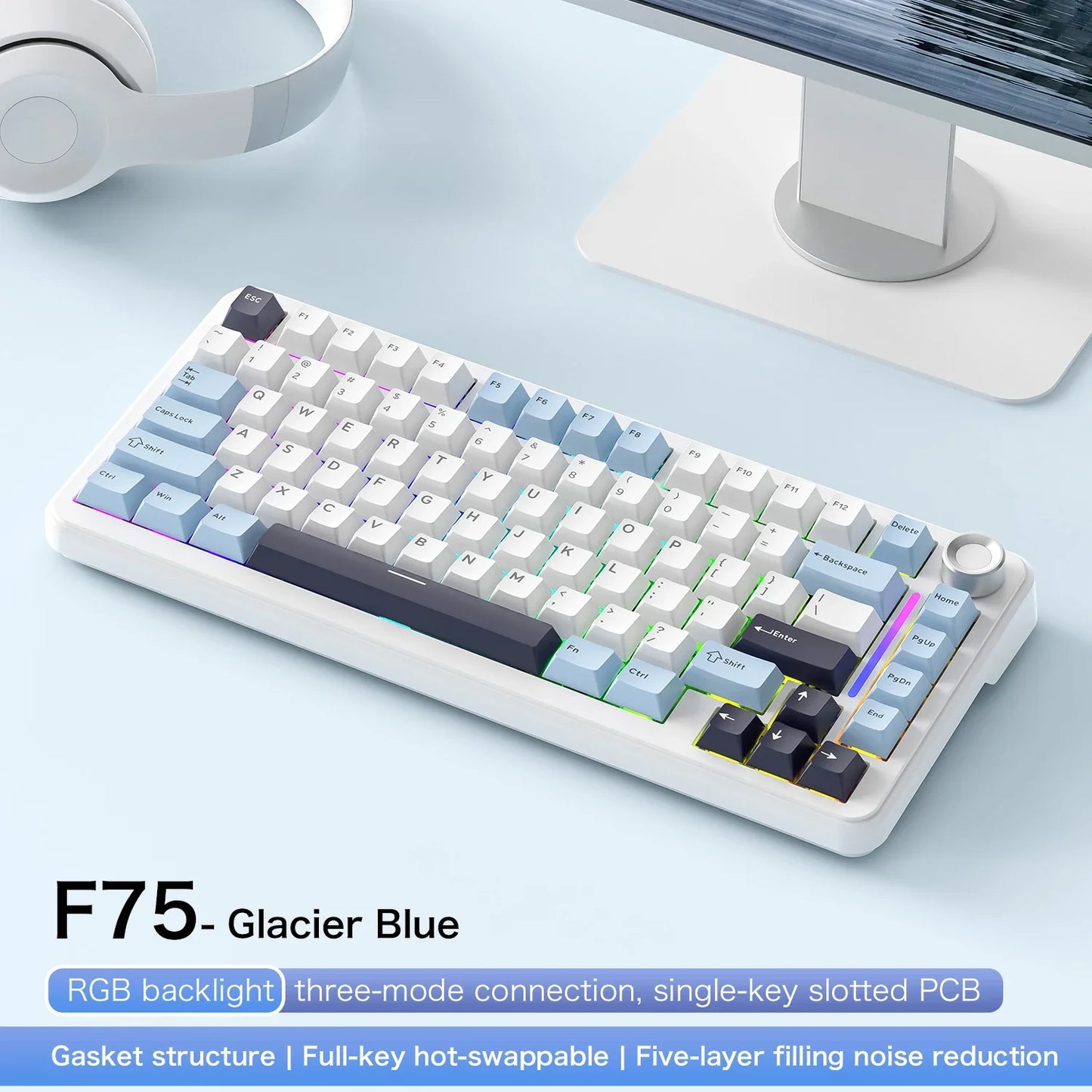 FREEWOLF F75 Gaming Mechanical Keyboard, 75% Tri-Mode Wireless Bluetooth, AULA F75 Same Model, RGB Hot Swappable PBT 4000mAh