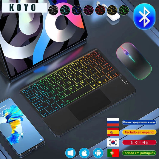 Hebraico/Russo/Espanhol/Português/Coreano 7 cores retroiluminado sem fios com touchpad Teclado recarregável para iPad Tablet PC iOS Win