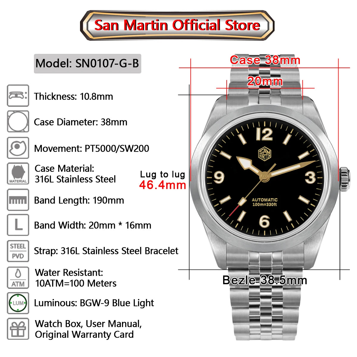 San Martin 38mm Men's Sport Watch Fashion Luxury Explore Climbing Automatic Mechanical Sapphire Waterproof 5 Links Bracelet BGW-9