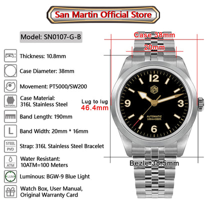 San Martin 38mm Men's Sport Watch Fashion Luxury Explore Climbing Automatic Mechanical Sapphire Waterproof 5 Links Bracelet BGW-9