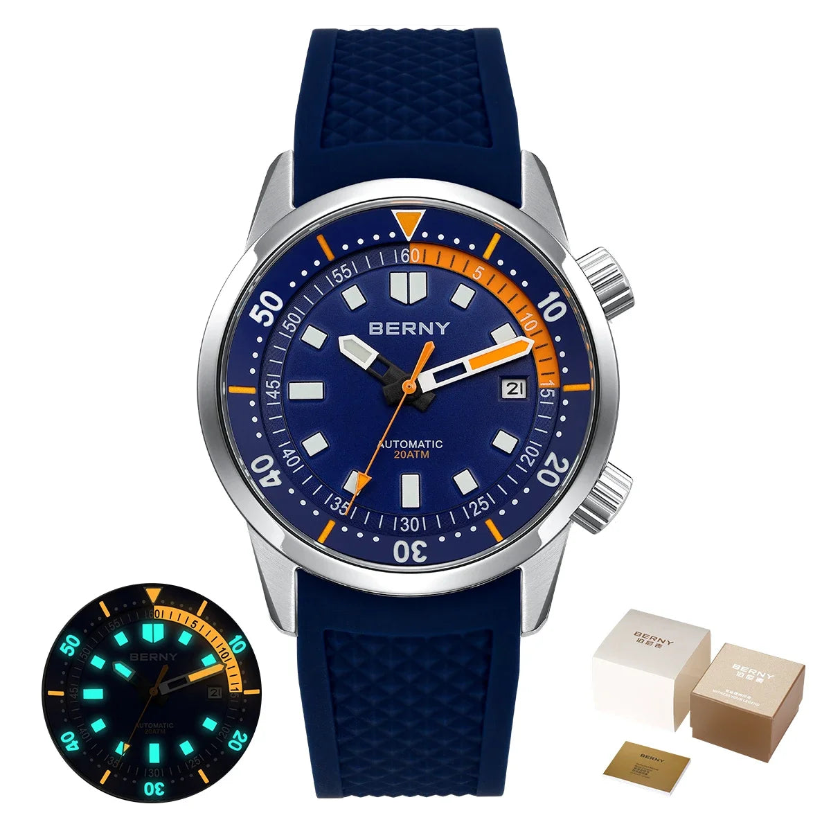 Relógio de mergulho BERNY para homem, automático mecânico, 200M impermeável, superluminoso, 42mm, safira, para natação e mergulho