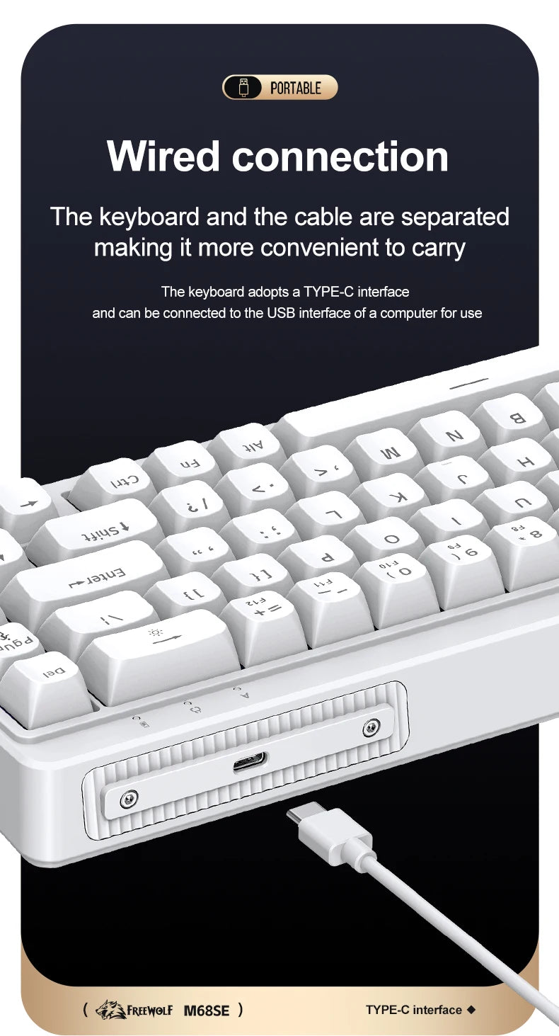 FREEWOLF M68SE Tastatur mit mechanischem Tippgefühl, 68 Tasten, Mini, kabelgebunden, kompakt und leise, für Laptops, Gaming und Bürogebrauch
