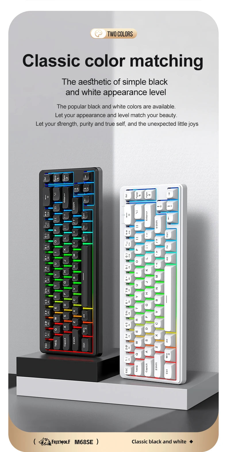 FREEWOLF M68SE Tastatur mit mechanischem Tippgefühl, 68 Tasten, Mini, kabelgebunden, kompakt und leise, für Laptops, Gaming und Bürogebrauch