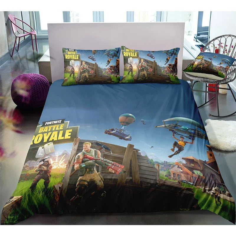 Fortnite-Bettwäsche-Set, Bettbezug, 3-teilig, 3D-bedruckte Schlafzimmer-Bettwäsche, Game-Anime-Cartoon-Kissenbezug, Zimmerdekoration, Geschenk