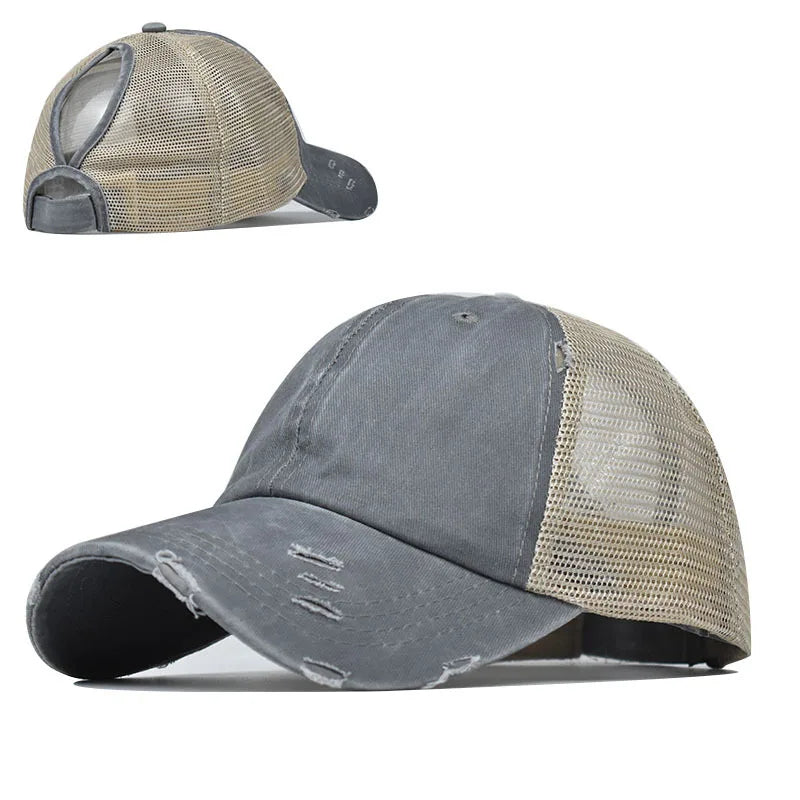 1 casquette de baseball vintage en maille « ponytail », casquette de camionneur ajustable, délavée et vieillie, offrant une protection solaire en extérieur, idéale pour le printemps et l'automne