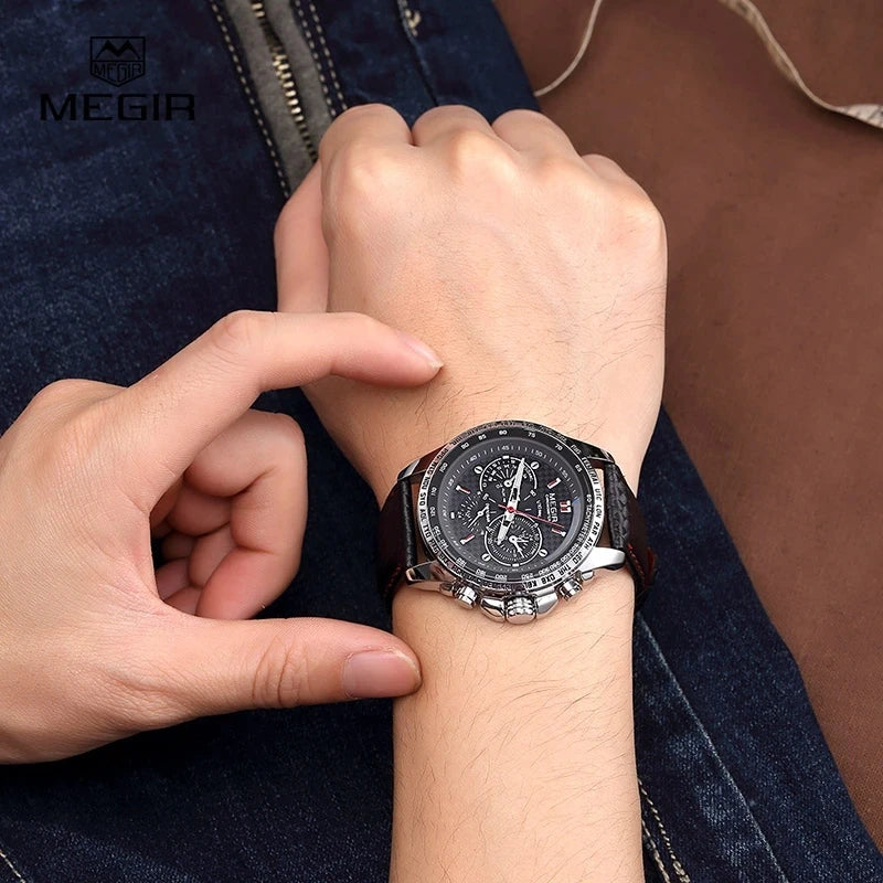 Montre-bracelet analogique à quartz pour homme MEGIR – Montre de luxe étanche avec bracelet en cuir, style décontracté, modèle 1010 (noir)