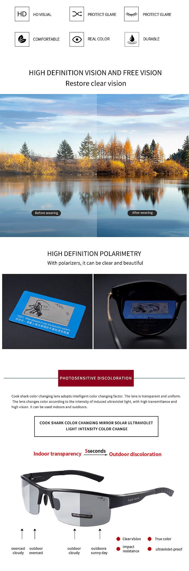 Sluneční brýle Cook pro muže za volantem s UV ochranou, polarizované brýle, které se zabarvují, vhodné pro den i noc