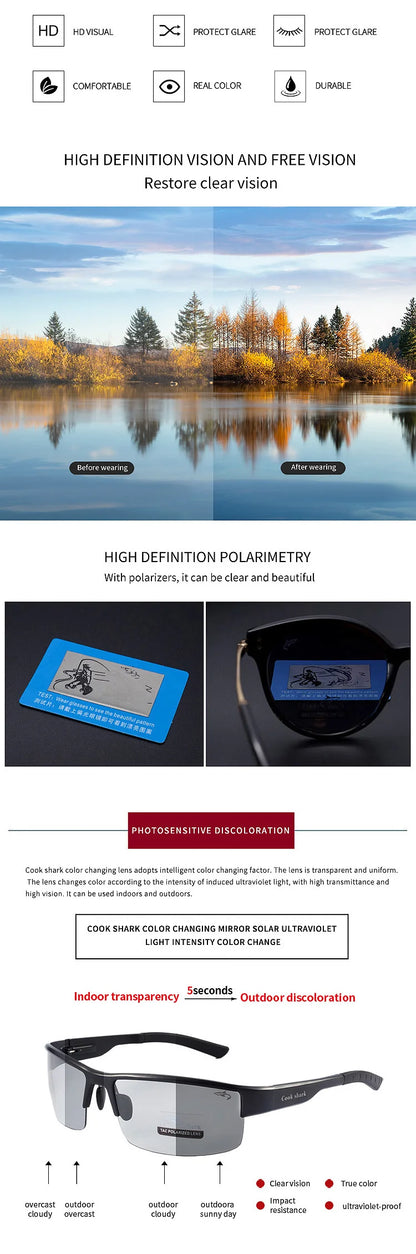 Sluneční brýle Cook pro muže za volantem s UV ochranou, polarizované brýle, které se zabarvují, vhodné pro den i noc