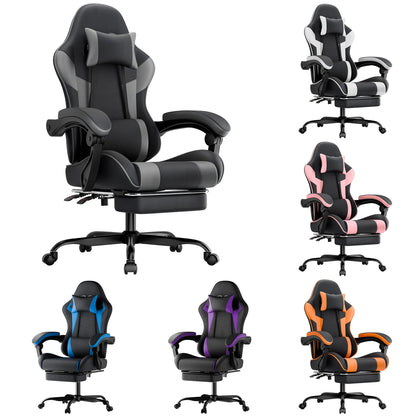 Comanlai Gaming Chair with Footrest Ergonomic High Back Computer Chair with Adjustable Headrest Lumbar Support PU Swivel Chair