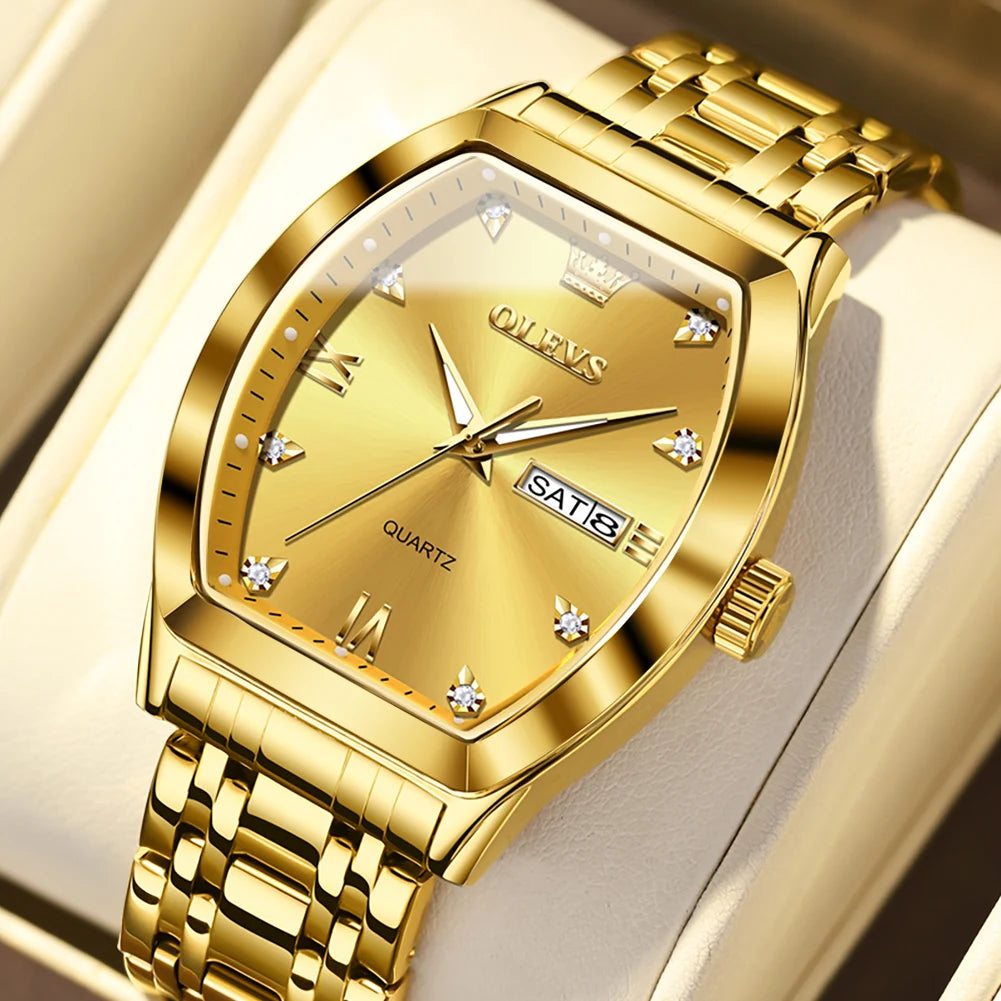 Reloj para hombre OLEVS, modelo de lujo con forma de barril, reloj de cuarzo de una marca de prestigio, resistente al agua, con indicador de día y fecha, y agujas luminiscentes.