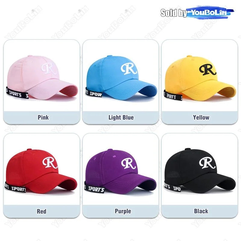 Casquette de baseball à visière rigide ajustable en coton brodé avec ruban en forme de lettre « R », casquette de soleil, casquette de camionneur, casquette hip-hop