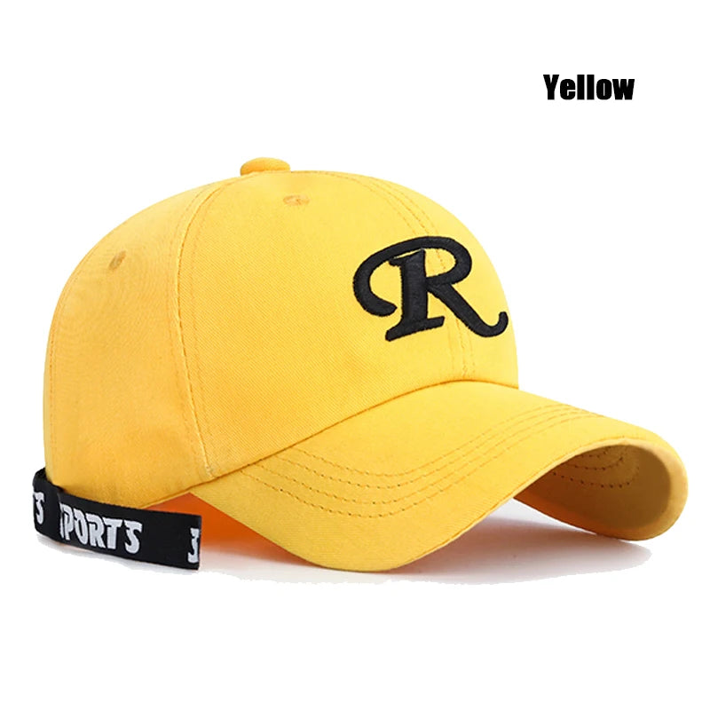 Casquette de baseball à visière rigide ajustable en coton brodé avec ruban en forme de lettre « R », casquette de soleil, casquette de camionneur, casquette hip-hop