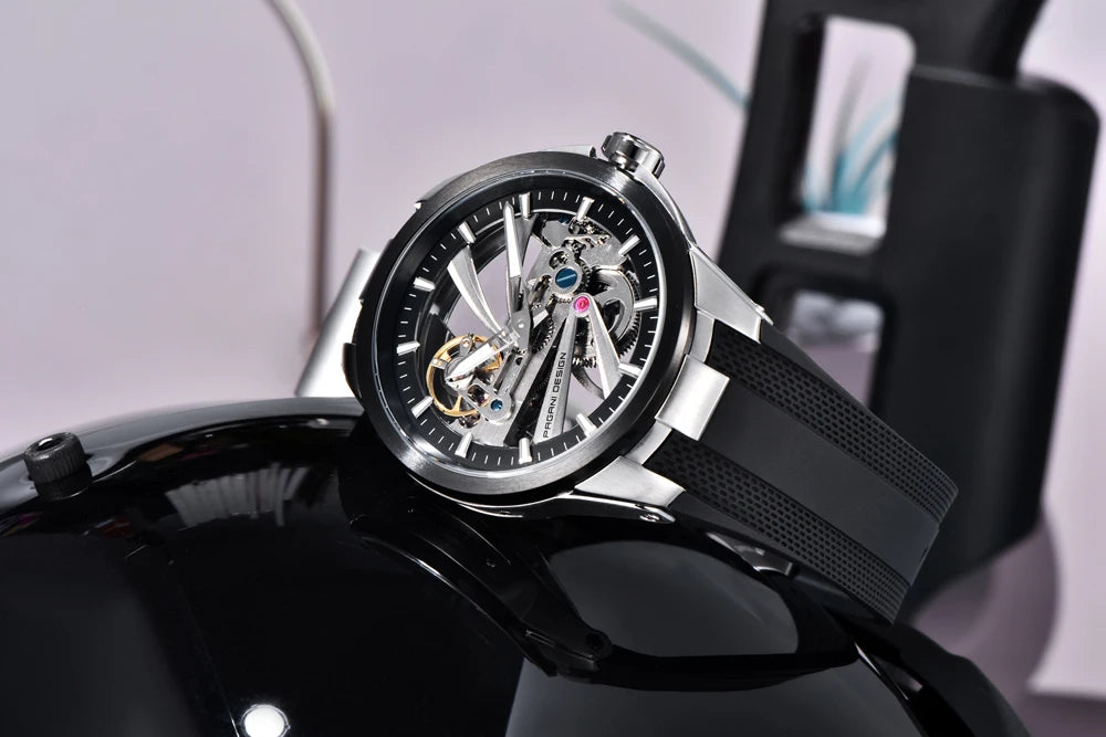 Pánske hodinky PAGANI DESIGN – Luxusný mechanický model s automatickým náťahom, priehľadný ciferník, zafírové sklo s antireflexnou úpravou, vodotesné, luminiscenčné ručičky – Tip na darček pre muža