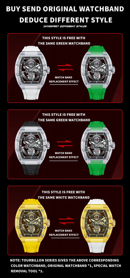 BONEST GATTI Luxury Men's Automatic Tourbillon Watch Hollow Out Dial Crystal Case Sapphire Luminous Rubber Strap Wristwatch