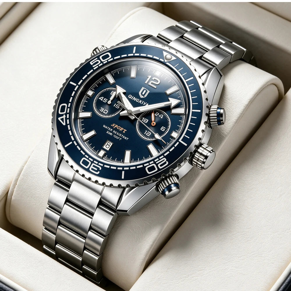 Relógio de pulso de luxo para homem da marca QINGXIYA, cronógrafo desportivo à prova de água com data luminosa, relógio de quartzo casual para homem