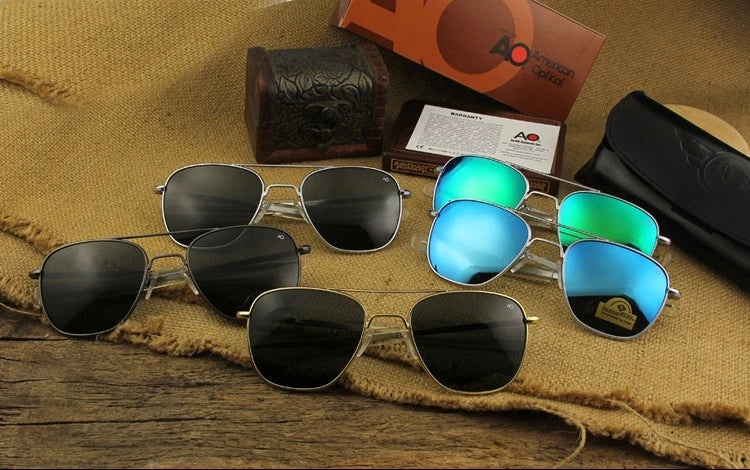 Occhiali da sole Pilot AO da uomo, marca di alta qualità, design AGX, lenti in vetro temperato, occhiali da sole da uomo