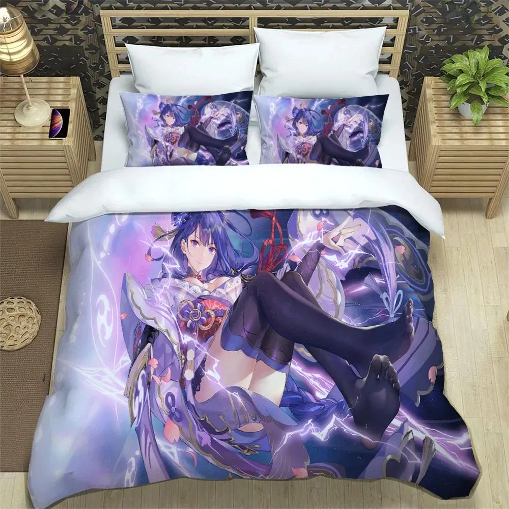 Conjunto de cama Anime Genshin Impact para rapaz e rapariga, tamanhos Twin e Queen, capa de edredão e fronha, roupa de cama moderna para crianças e adultos, têxtil-lar