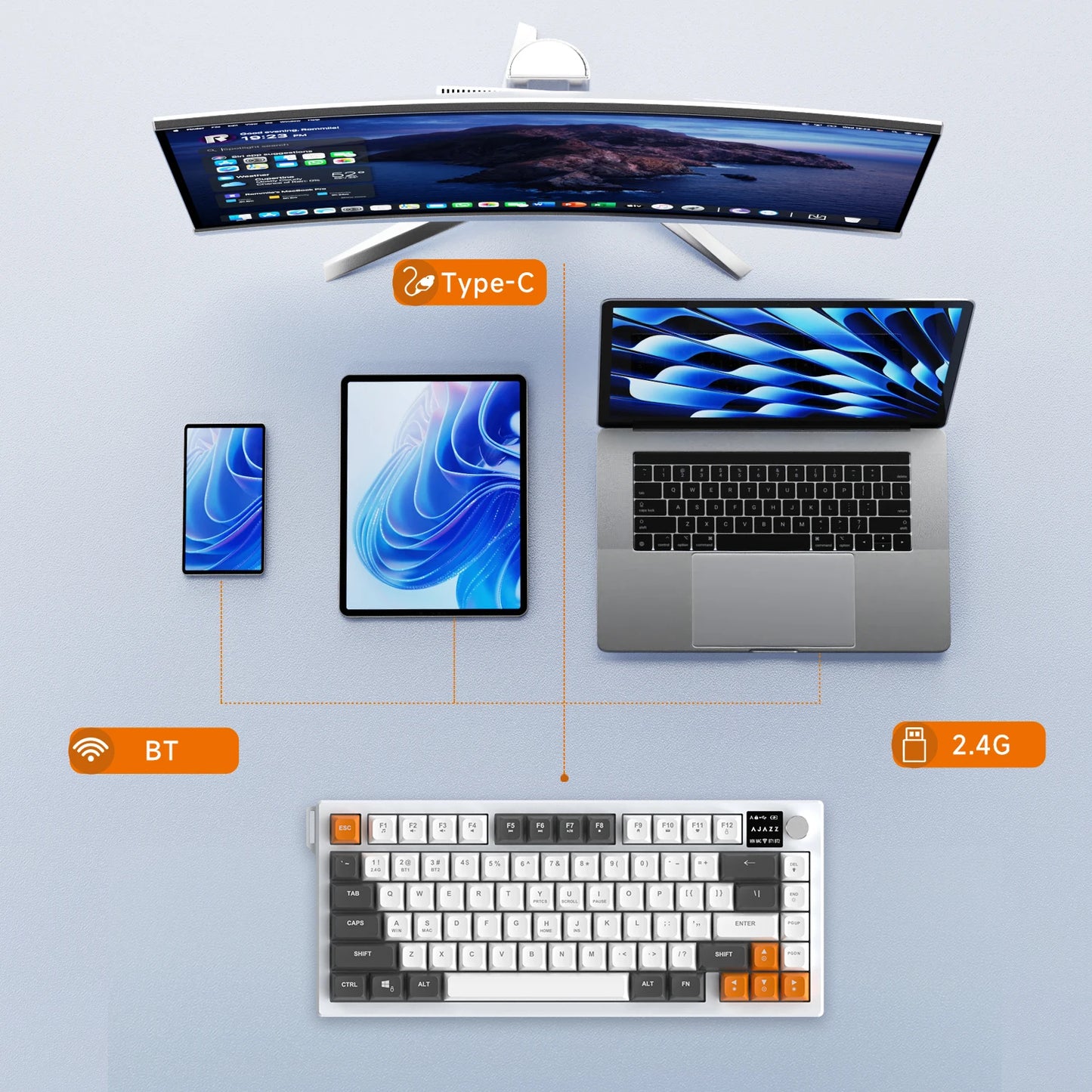 AJAZZ AF82 Low-Proflie Electrostatic Keyboard  4000mAh Trl-Mode 75% Type-C Display Screen  Keyboard Office Gaming E-sport