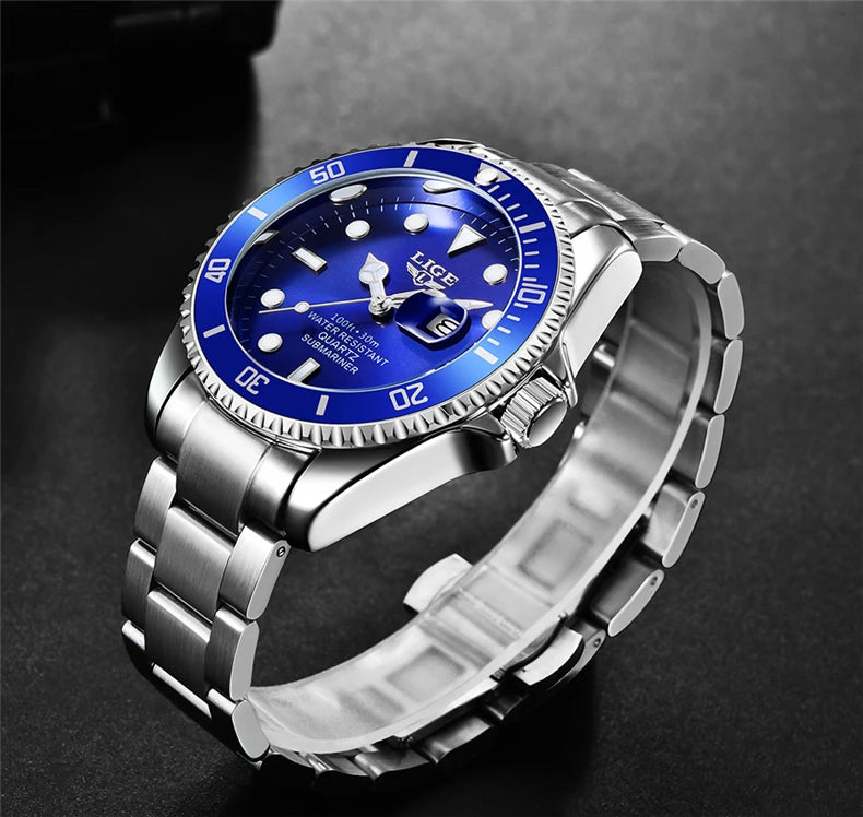 Luxus-Taucheruhr für Herren, Marke LIGE, wasserdicht bis 3 ATM, mit Datumsanzeige, sportliche Quarzuhr