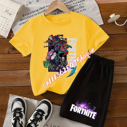 Completo estivo Fortnite con T-shirt e shorts per bambini e bambine, set 2 pezzi, abbigliamento bambino con top, T-shirt e pantaloncini, stampa Fortress Night, idea regalo