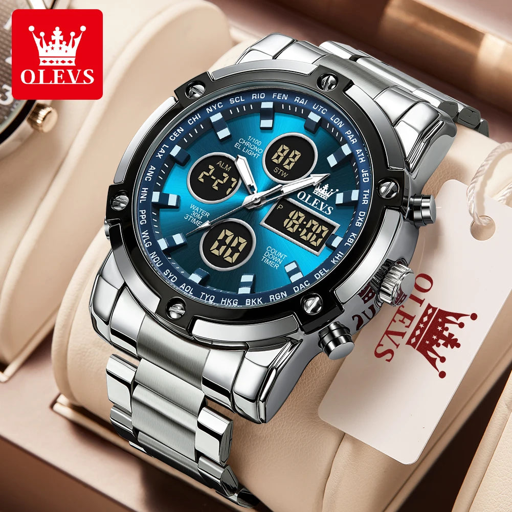 OLEVS Herrenuhr – Wasserdichte Quarz-Armbanduhr aus Edelstahl mit LED-Anzeige – Sportlicher und trendiger Stil (Modell 1106)
