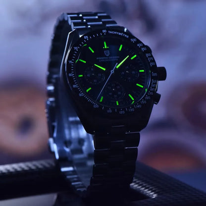 „PAGANI DESIGN Moon“ laikrodis – prabangus vyriškas kvarcinis chronografas, sportinio stiliaus, safyro stiklas su antirefleksine danga, švytintis ekranas