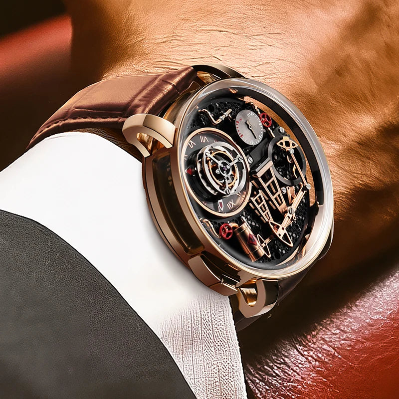 Reloj de cuarzo PINDU NEW TOP con bomba de aceite de botón para hombre de negocios, 45.5MM, cristal de zafiro, resistente al agua, correa de cuero para hombre
