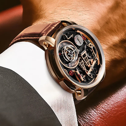Reloj de cuarzo PINDU NEW TOP con bomba de aceite de botón para hombre de negocios, 45.5MM, cristal de zafiro, resistente al agua, correa de cuero para hombre