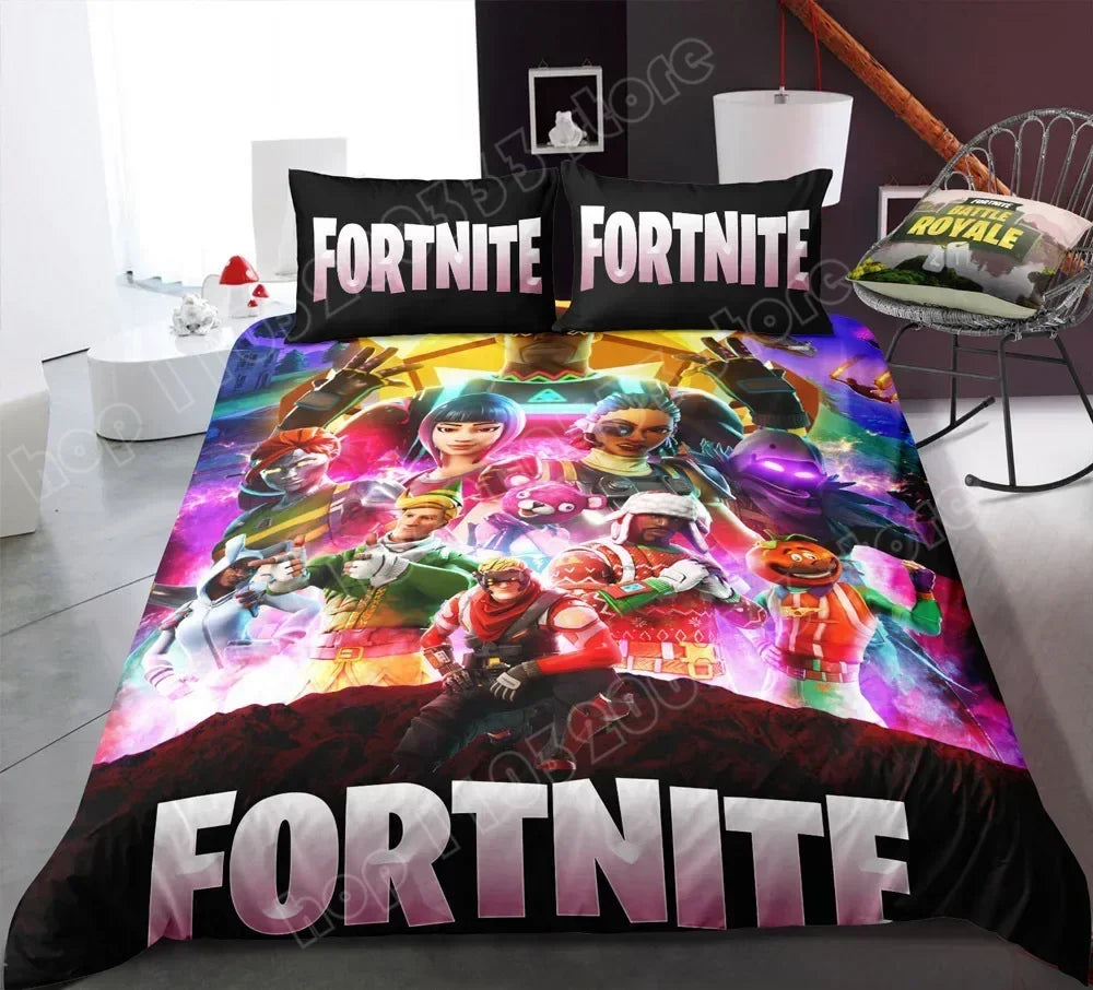 Fortnite-Bettwäsche-Set, Bettbezug, 3-teilig, 3D-bedruckte Schlafzimmer-Bettwäsche, Game-Anime-Cartoon-Kissenbezug, Zimmerdekoration, Geschenk