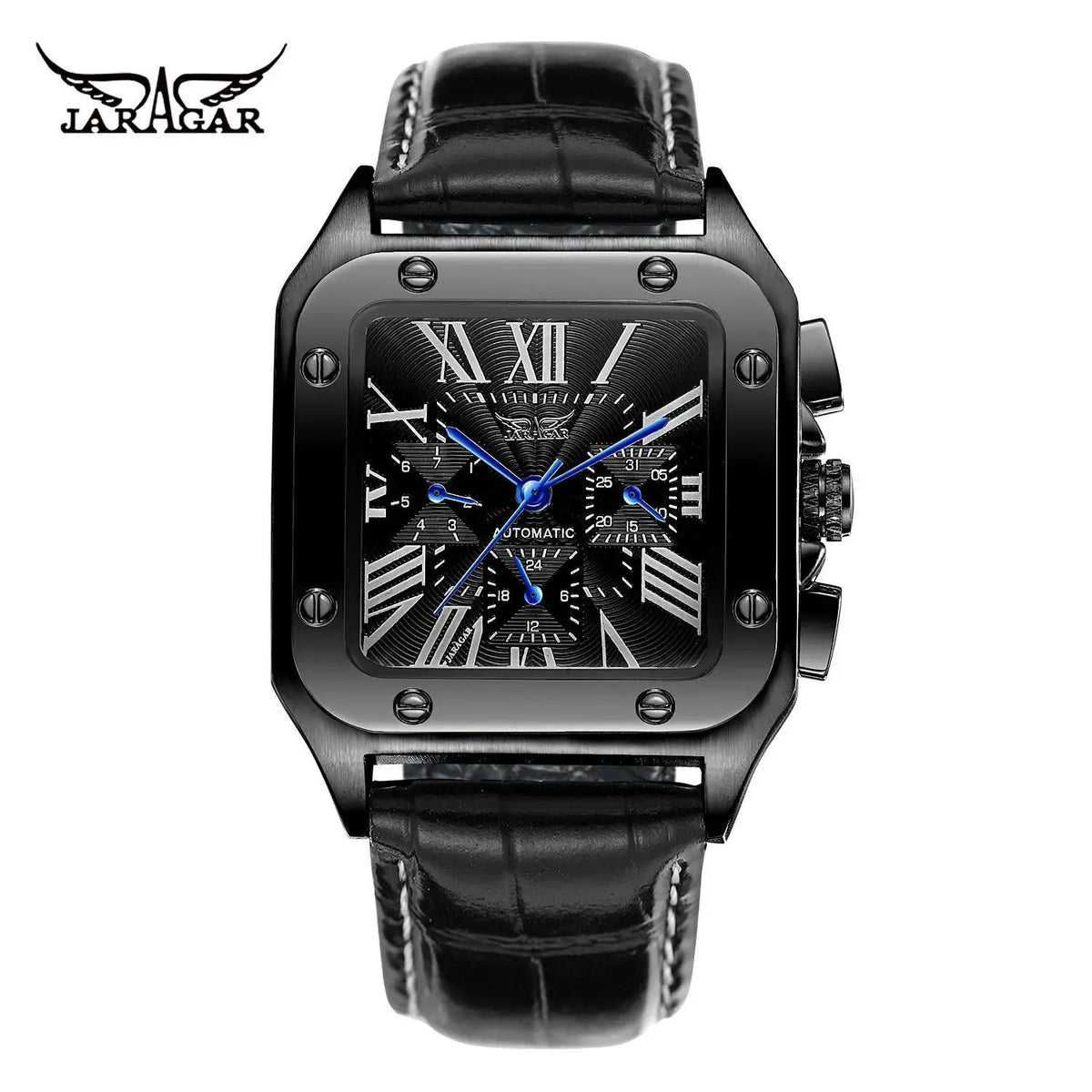 Fashion Jaragar Top Brand Men's Stylish Casual Skeleton Automatic Watch Multifunction Genuine Leather Strap Square Dial Business