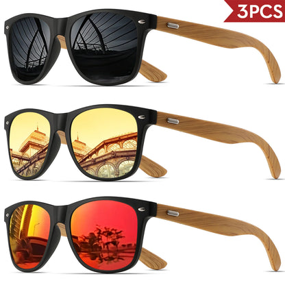 3PCS Bamboo Texture Square Sunglasses UV400, Fashion Unisex Classic - Lightweight for Casual Wear & Holidays