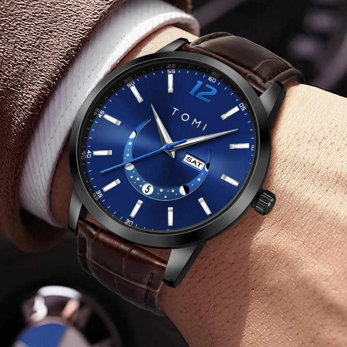 Montre à quartz TOMI, style business et élégant, avec bracelet en cuir, boîtier en alliage et cadran à aiguilles – Design haut de gamme, idée cadeau pour homme