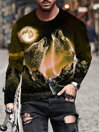 2024 New Wolf Print Men's Long Sleeve T-shirt Spring And Autumn Men's Daily Casual Shirt Street Fashion Men's Long Sleeve T-shir