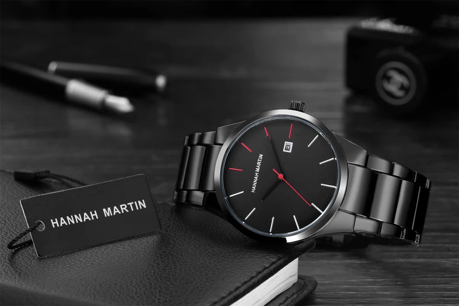 Montre pour homme Hannah Martin, boîtier en acier inoxydable, mouvement à quartz, cadran de 41 mm, style professionnel, avec affichage du calendrier (imitation)