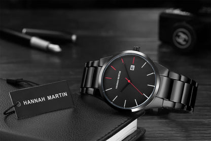 Montre pour homme Hannah Martin, boîtier en acier inoxydable, mouvement à quartz, cadran de 41 mm, style professionnel, avec affichage du calendrier (imitation)